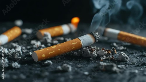 Burning cigarette with ash smoke and glowing ember on dark surface creating moody intense atmosphere showing tobacco nicotine addiction health pollution effects scattered cigarette butts and ashes