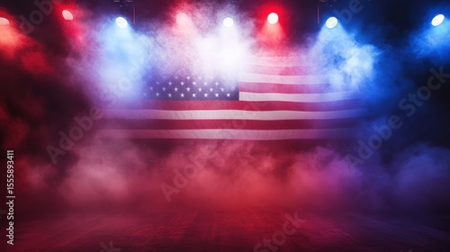 Patriotic stage with American flag, spotlights, and smoke.