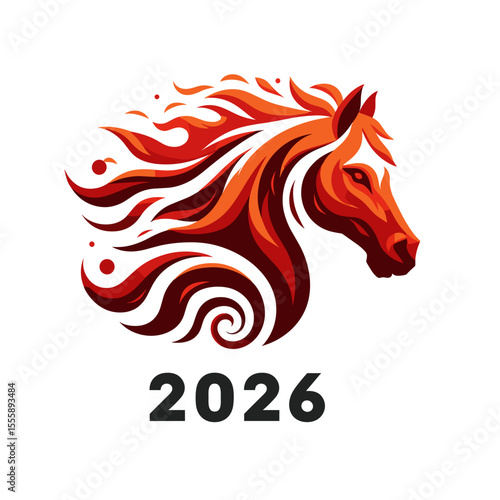 Fiery red horse head illustration with 2026 text on white background