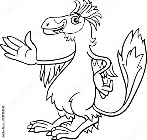 cartoon Caudipteryx or feathered dinosaur character waving coloring page