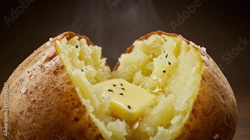 Steaming Baked Potato: A close-up shot of a perfectly baked potato, split open to reveal a pat of melting butter and black sesame seeds, offering a feast for the senses.