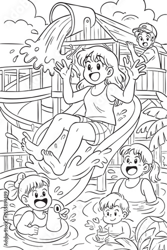 Coloring page kids water park fun slide splash