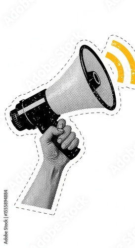 Hand holding megaphone with sound waves on white background