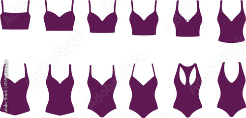 Purple Women's Swimsuit and Bikini Top Silhouettes: Diverse Styles for Fashion, Summer, Beachwear, Lingerie, and Clothing Design Assets.