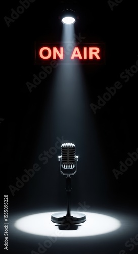 Microphone under spotlight with On Air sign for live broadcast	