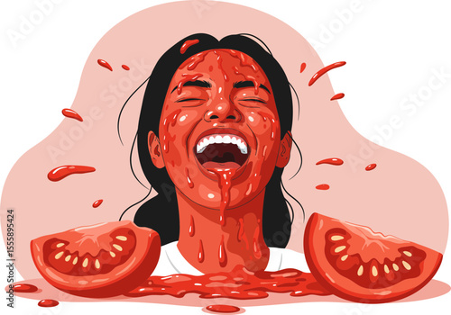 Joyful person covered in tomato pulp at La Tomatina festival.