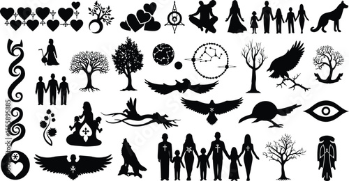Spiritual Family Tattoo Vector Set: Compass, Heart, Feather, Tree, Dreamcatcher & Abstract Symbols for Unity and Connection.