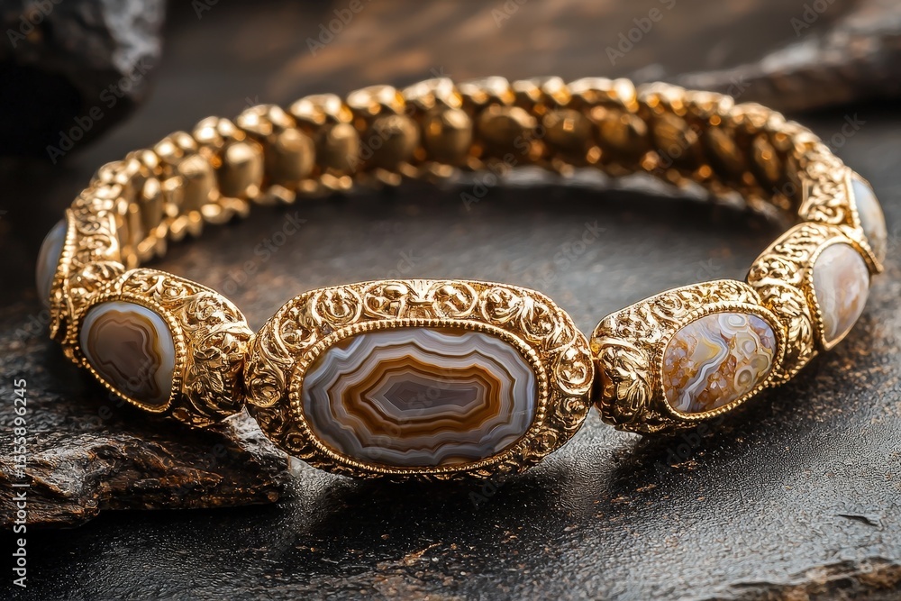 Obraz premium Jewelry with gemstones luxury gold bracelet with Crazy Lace Agate on a dark brown background