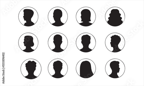 User Profile Silhouettes in Circular Frames, A set of profile silhouettes of men and women in circular frames vector art on white