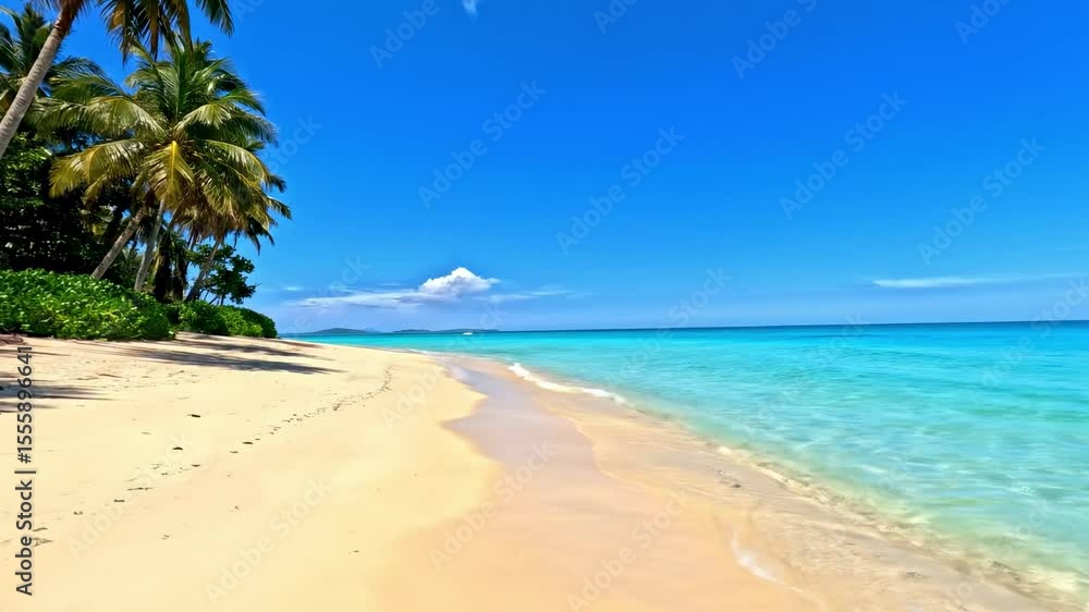 Tropical beach with palm trees white sand and clear turquoise water under a bright blue sky Tropical beach with palm trees white sand and clear turquoise water under a bright blue sky