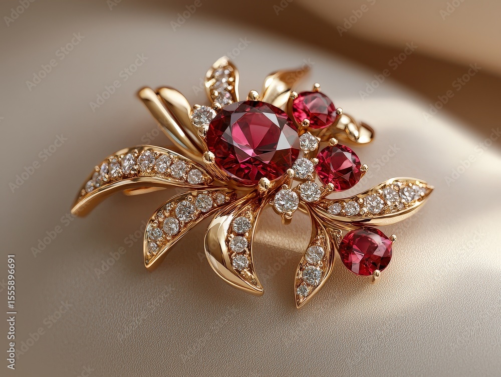 Fototapeta premium Jewelry with gemstones modern brooch with Spinel ruby on a beige background