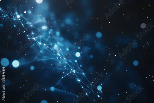 The image showcases an abstract background featuring glowing blue lines and a network of interconnected nodes. The composition highlights a dynamic and futuristic theme