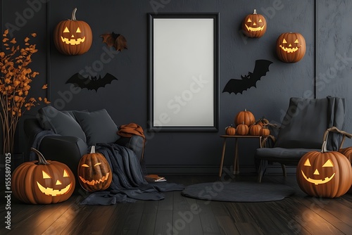 Halloween decoration in a modern living room with glowing pumpkins and black bats on the wall creates a spooky seasonal scene