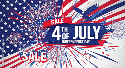 Patriotic 4th of July 50% Off Sale design with stars, stripes, and fireworks elements. Perfect for Independence Day promotions and advertising banners.