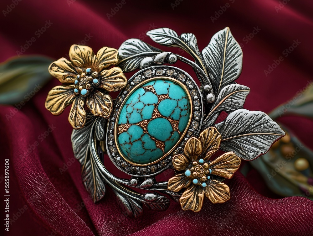 Naklejka premium Jewelry with gemstones modern brooch with Occidental Turquoise on a burgundy background