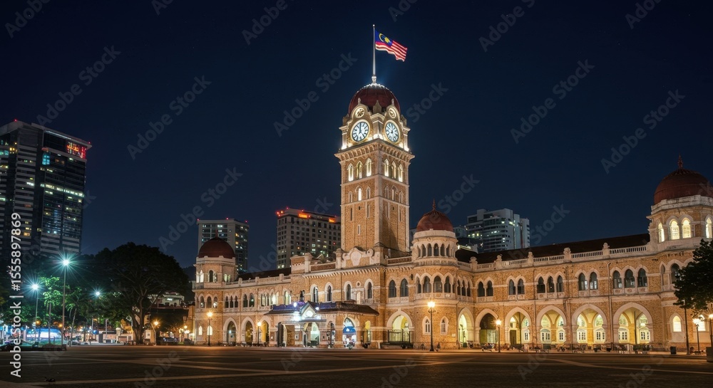 Naklejka premium Majestic Kuala Lumpur Railway Station at Night: A Breathtaking View of Malaysian Architecture