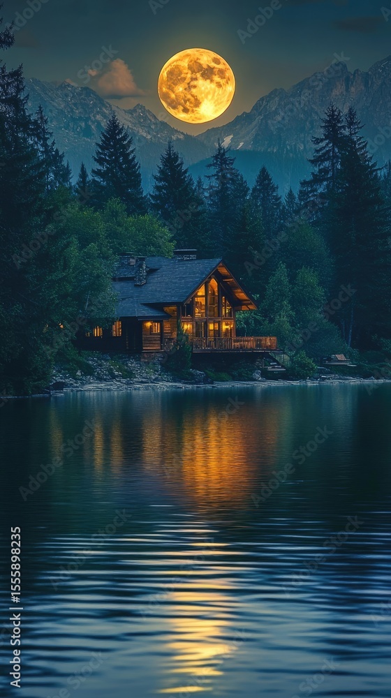Fototapeta premium Lakeside cabin at night, full moon