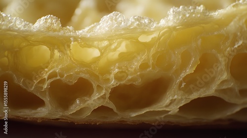 A close up view of the inside of a croissant showing the layers and air pockets within the pastry