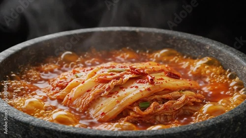 Wallpaper Mural Kimchi Jjigae in Stone Pot: A steaming bowl of kimchi jjigae, a spicy and savory Korean stew, simmers gently in a rustic stone pot. Torontodigital.ca