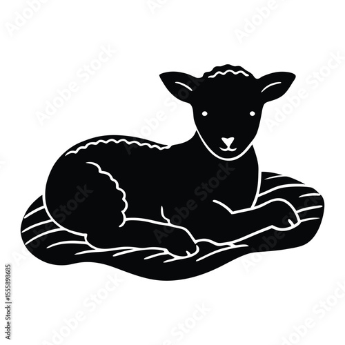 Peaceful lamb resting in green grassy spring field Vector silhouette