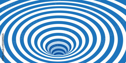 Blue and white space wormhole illusion bg. Optical abstract tunnel with 3d portal effect. Geometric vector illustration of vortex or circular funnel. Psychedelic pattern of black lines and stripes.