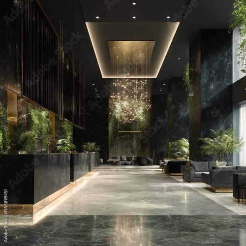 Wallpaper Mural Luxurious hotel lobby with dark marble, gold accents, a grand chandelier, and lush greenery Torontodigital.ca