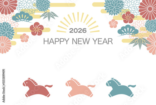 The Year Of The Horse New Year’s Greeting Card Template With Cute Galloping Horses, Japanese Vintage Floral Decoration, And Text Space. Vector Flat Style Illustration. 