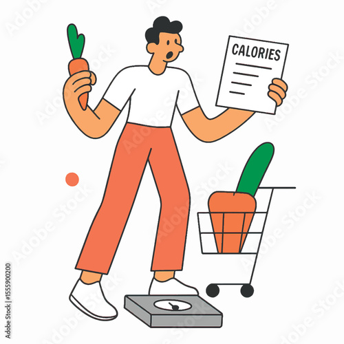 Vector illustration of a surprised man checking a calorie chart while holding a carrot. He stands on a scale, symbolizing attention to weight, food choices, and calorie counting.