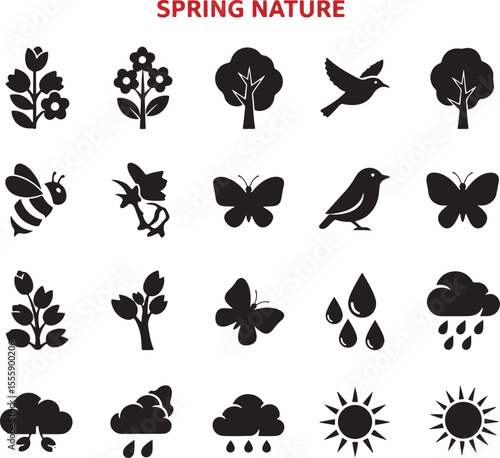 Collection of black spring nature icons including flowers trees birds butterflies bees rain and sun