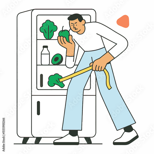Vector illustration of a man choosing healthy food from a fridge, holding a green apple and broccoli with a measuring tape. Concept of healthy eating, weight control, and meal planning.