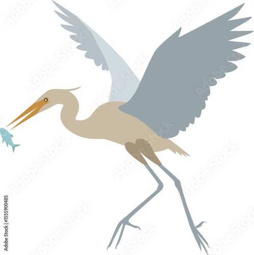Heron is catching and flying with a Fish minimalist vector art. 
