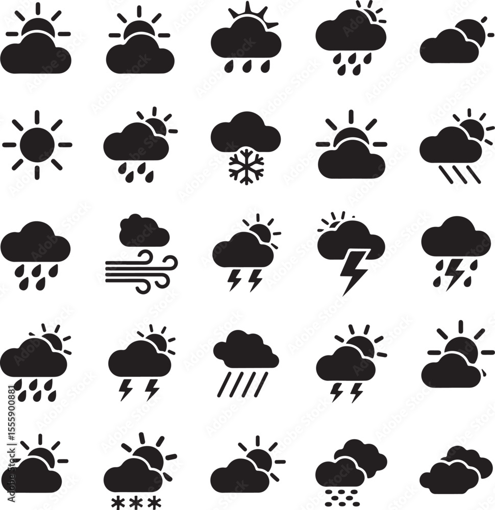 Collection of black weather icons showing sun clouds rain snow lightning and wind Collection of black weather icons showing sun clouds rain snow lightning and wind