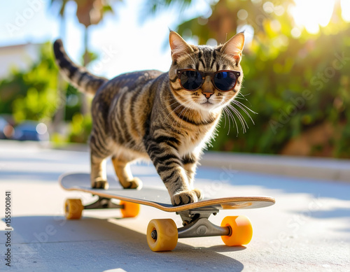 Cool Skateboarding Cat Wearing Sunglasses Outdoors
