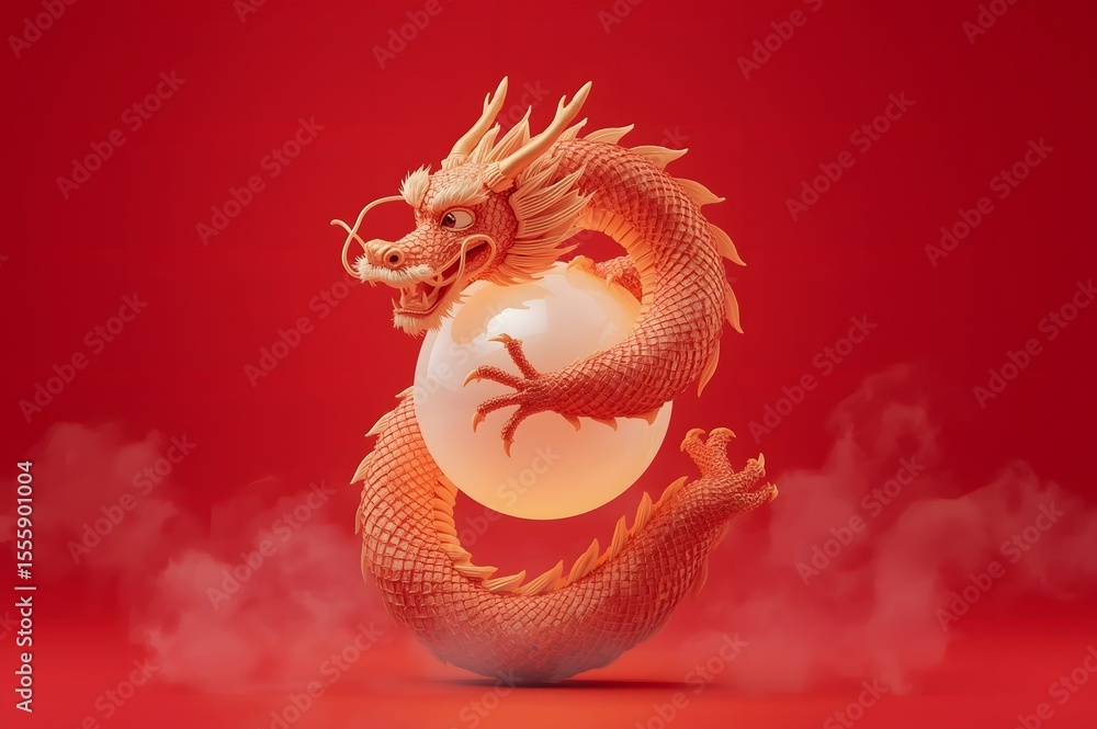 Obraz premium Red dragon, luminous orb, smoke