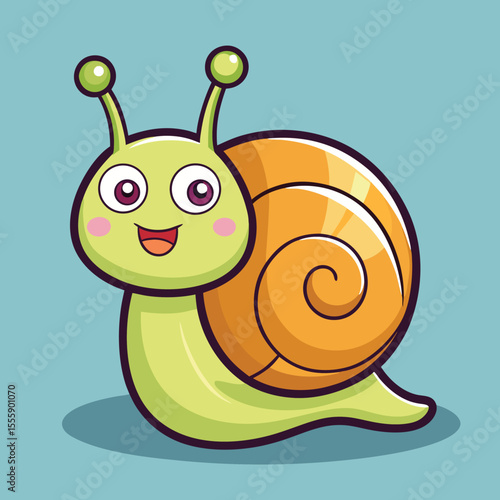 Cheerful green snail with orange shell cartoon illustration