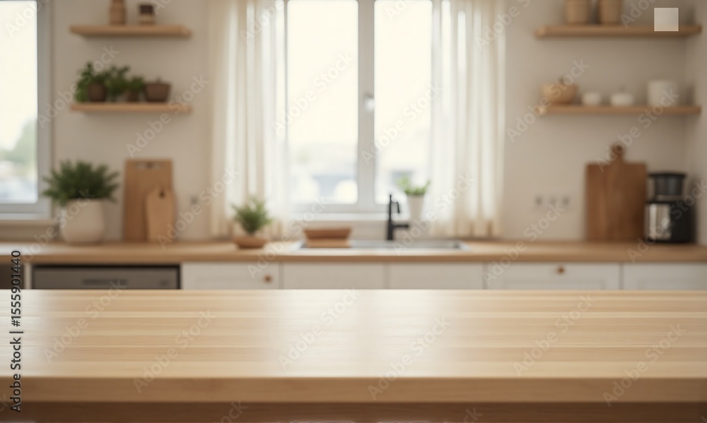 Elegant wooden countertop with silky smooth finish in crisp focus, modern Japandi kitchen in soft blur, styled interior image for premium lifestyle and design content Elegant wooden countertop with silky smooth finish in crisp focus, modern Japandi kitchen in soft blur, styled interior image for premium lifestyle and design content