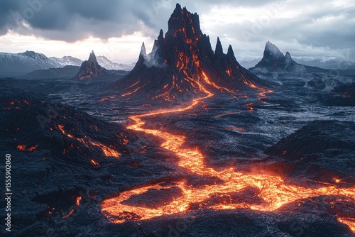 Fototapeta Naklejka Na Ścianę i Meble -  An alien landscape with towering jagged mountains and rivers of glowing molten lava