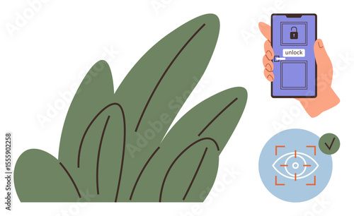 Smartphone unlocks with eye scan enabled by recognition technology. Display shows security icon, lush green leaves complement high-tech theme. Ideal for technology, security, biometrics, privacy