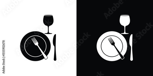 Elegant Monochrome Place Setting Depicting a Plate, Fork, Knife, and Wine Glass in Inverted Colors