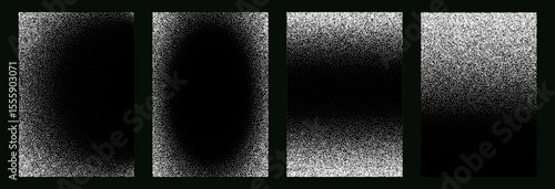 Noise grain backgrounds set. Black and white dotwork pattern. Vector border with stipple effect. White flour powder frame. Grain noise halftone or grainy dots texture.