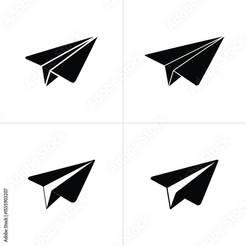 Four Black Paper Airplanes Isolated on White Background, Depicting Flight and Origami Style