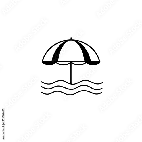 Simple Beach Scene Illustration: A minimalist illustration features a beach umbrella and stylized waves, capturing the essence of a serene coastal getaway. 
