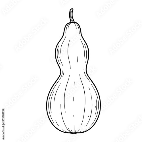 Elegant Calabash: A black and white line drawing of an elongated calabash gourd, capturing its unique shape and texture.