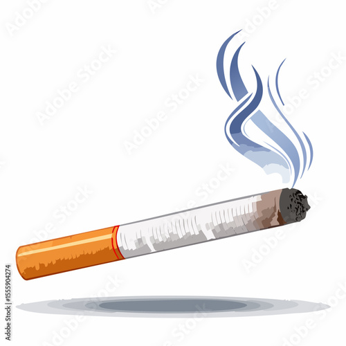 Harmful Habit: A cigarette, a symbol of the addictive habit of smoking, burns with an orange filter and ash tip, accompanied by wisps of smoke.