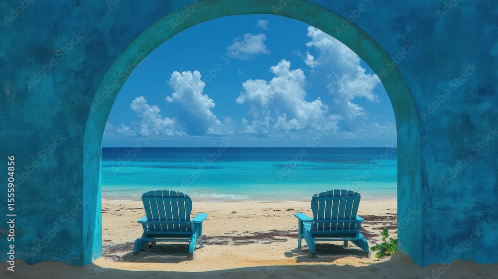 Fototapeta premium Arched blue window on the beach framing a stunning ocean view under a clear sky with clouds