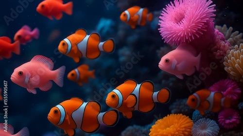 Colorful Clownfish Swimming in Vibrant Coral Reef. Full Hd Cinematic Animated Live Wallpaper Video of Tropical Ocean Underwater Scene with Exotic Fish and Fluorescent Sea Anemones