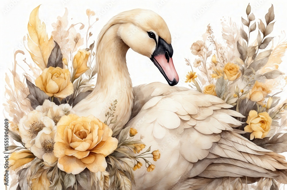 Obraz premium Elegant swan surrounded by soft yellow flowers in a serene and artistic display of nature's beauty