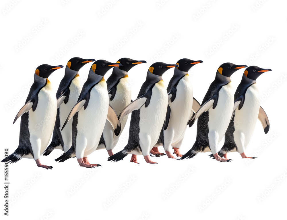 Fototapeta premium Group of Penguins Walking Together on Snow, Side View Action Scene — PNG on Transparent Background. (2)