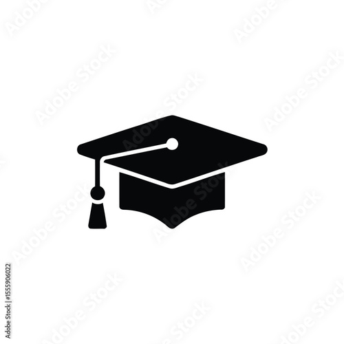Single Black Graduation Cap Illustration with Tassel on White Background, Isolated Icon