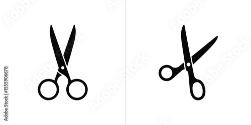 Two Isolated Black Scissors Icons Displayed on a White Background, in Open and Closed Positions